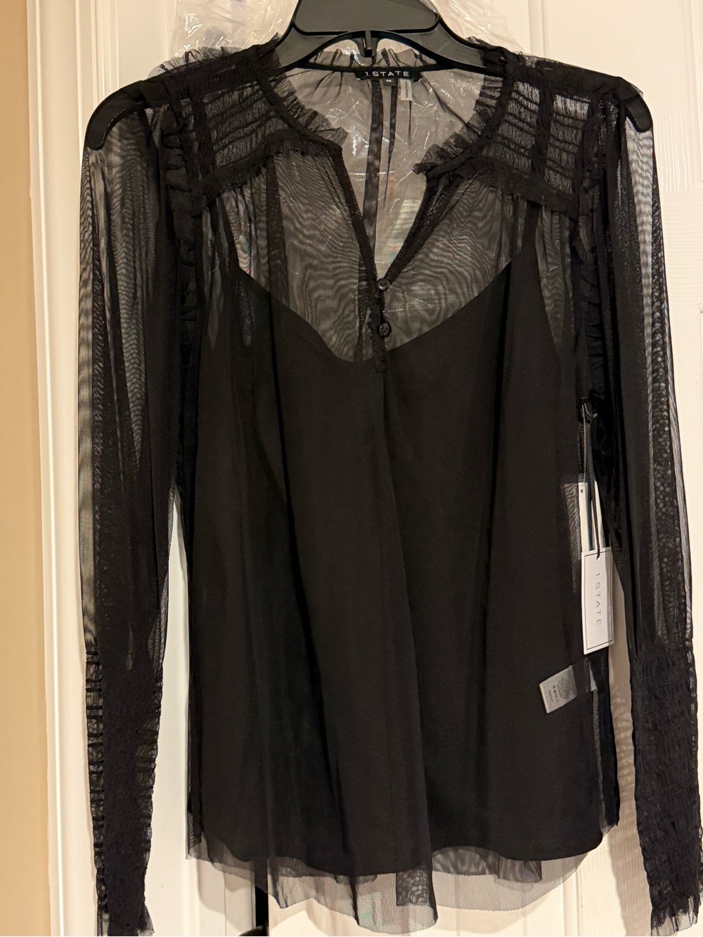 1. State Black Sheer Lace-Panel Long Sleeve Blouse